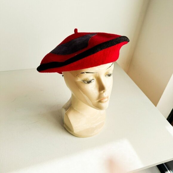 Vintage Unique Red Wool Patchwork Detail Beret main image 11